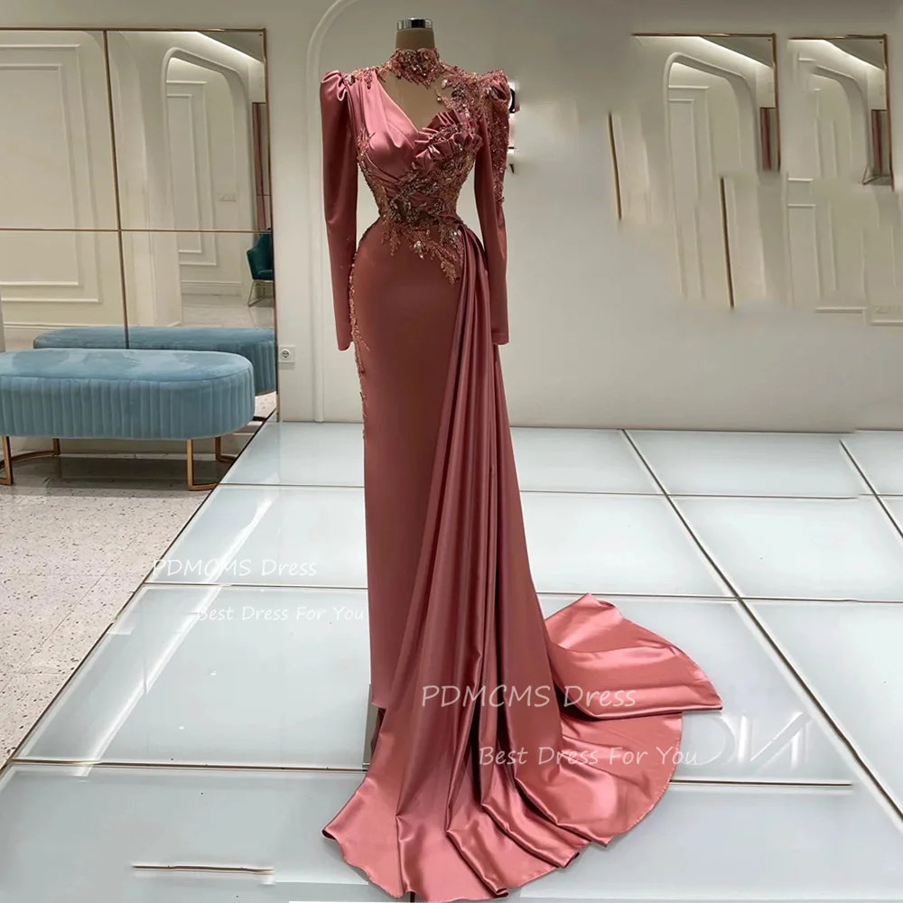 

Charming Pink High Neck Mermaid Prom Dresses Satin Long Sleeves Beaded Evening Gowns Arabic Women Vestidos Celebrity Party Dress