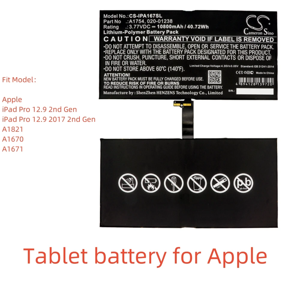 

Li-Polymer Tablet battery for Apple.3.77V,10800mAh,iPad Pro 12.9 2nd Gen iPad Pro 12.9 2017 2nd Gen A1821 A1670 A1671,A1754