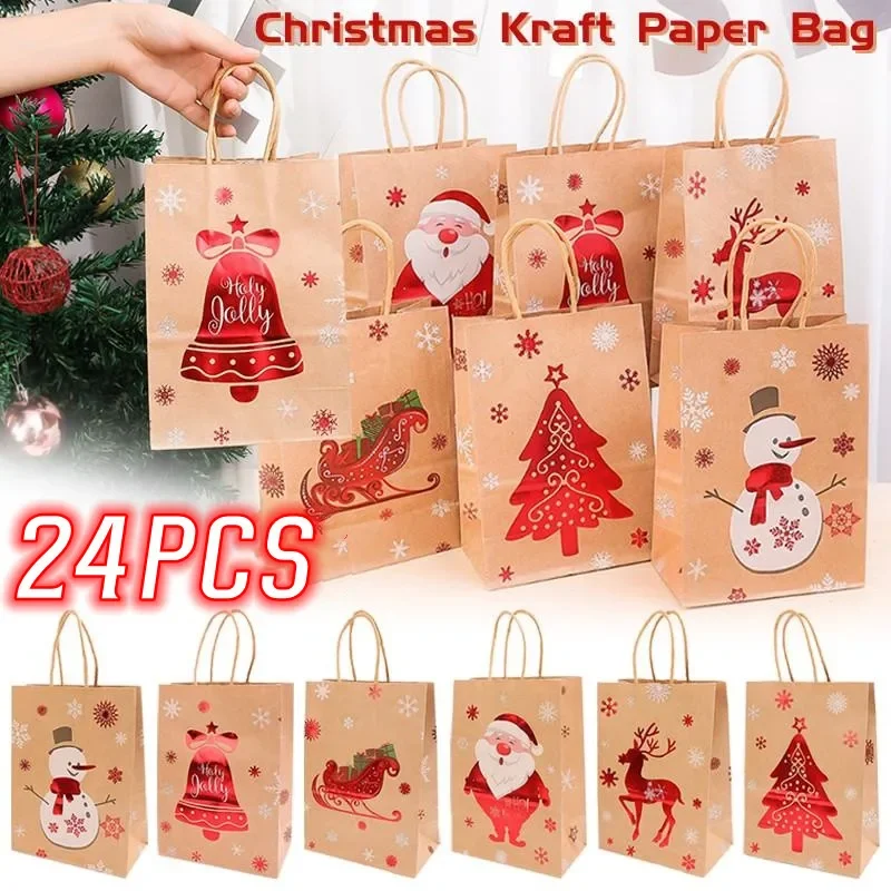 

6 Styles Christmas Gift Bags Kraft Paper Bag for Christmas Snack Clothing Present Box Packaging Bag Xmas Gift Bag (24PCS)