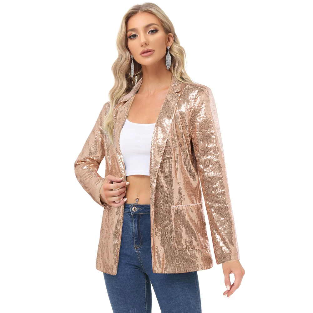 

KK Women Sequined Party Blazer Coat Lapel Collar Long Sleeve Open Front Coat Sparkling Shiny Luxury Elegant Women's Clothing