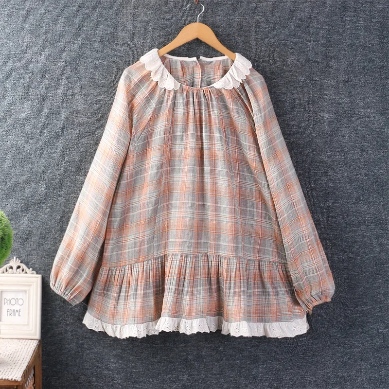 

Mori Girl Plaid Vintage Shirt for Women, Peter Pan Collar, Long Sleeve, Cotton Linen, Casual Loose Blouse, Tops, Japan Style