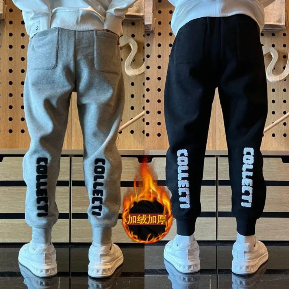 

Autumn and Winter Fleece Thermal Warm Casual Pants Men's Elastic Waist Jogger Pants with Embroidered Cuffed Tracksuit Trousers