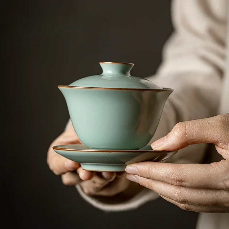 

120ml Retro Azure Porcelain Tea Tureen Ru Kiln Sancai Cover Bowl Household Tea Maker Cup Saucer Can Raise Kungfu Teaset Gift Box