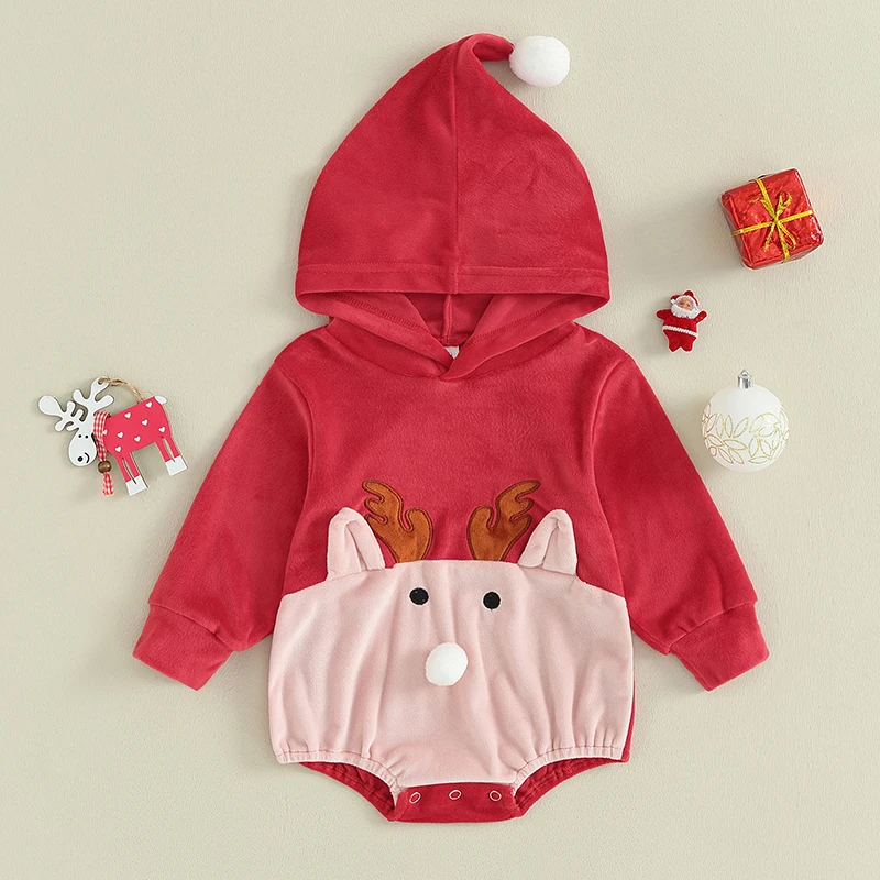 

Christmas Infant Baby Rompers Winter Warm Velvet Red Deer Pattern Long Sleeve Hood Jumpsuit Party Xmas Clothes