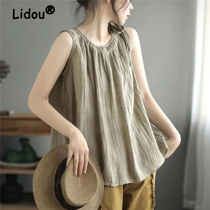 

Women's Pleated Lace Up Simple Casual Cotton Tank Tops Y2K Summer Solid Chic Sleeveless Vest Kawaii Loose Camisole Ropa De Mujer
