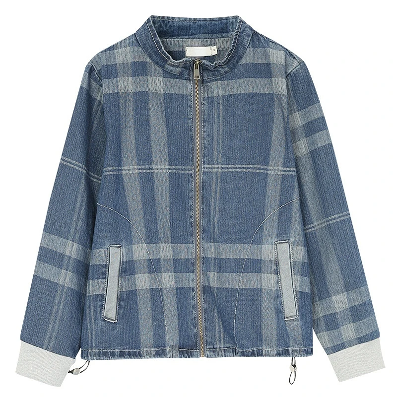 

Plaid Tassel Denim Jacket Women Oversized Jackets Vintage Spring Autumn Chic Oblique Zipper Bomber Varsity Jean Coat Veste Femme