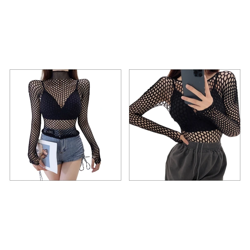 

Summer Mesh Sexy for T Shirt Women See Through Fishnet Bodycon Tops Long Sleeve Turtleneck Crewneck Sheer Cover Up Blous N7YD