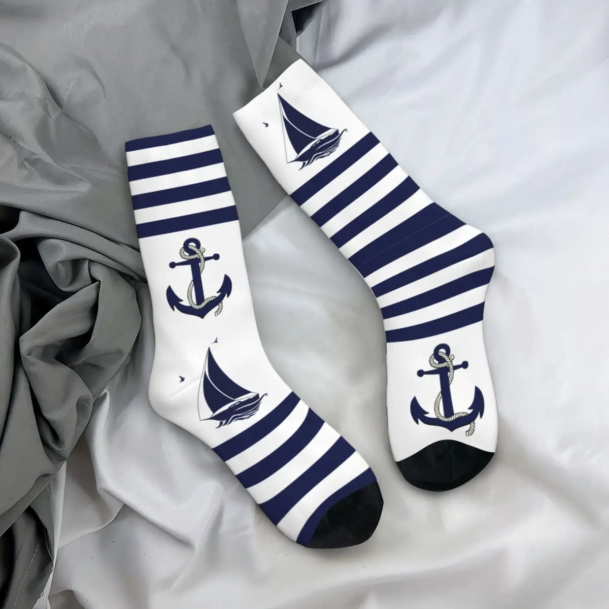 

New Men's Socks Casual Nautical Navy Anchor Sailboat Navy Blue Stripe Sock Skateboard Women's Socks Spring Summer Autumn Winter