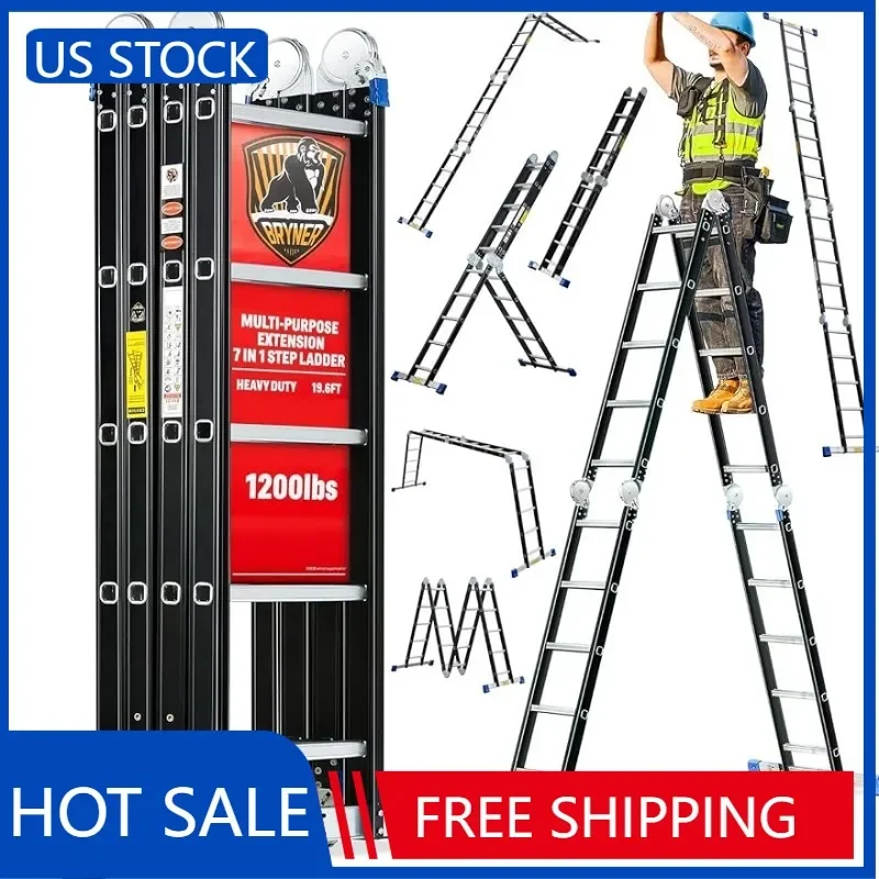 

Bryner Folding Step Ladder, 19.6ft , 7 in 1 Multi-Purpose Folding Adjustable Telescoping Aluminium Extension Ladders, 530lbs