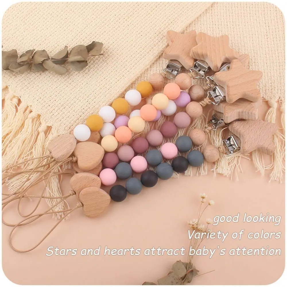 

Pacifier Clips Chain Silicone Beads BPA Free DIY Dummy Clip Holder Star Love Shape Wooden Clip Soother Chains Baby Teething Toys