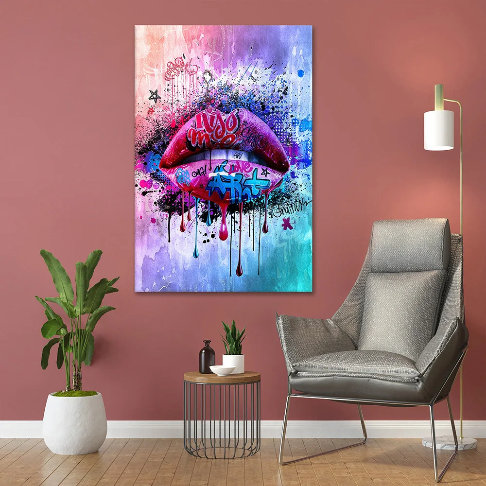 

Graffiti Kiss Me Art Poster Print Abstract Banksy Colorful Lips Wall Art Picture Canvas Painting for Living Room Home Decoration