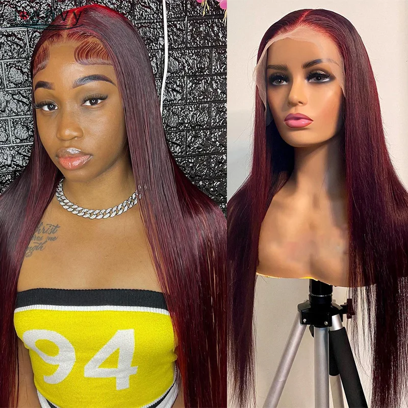 

Burgundy 13X6 Hd Lace Frontal Human Hair Wig Pre Plucked Bone Straight Red 13X4 Lace Front Human Hair Wigs Women 99J Colored Wig