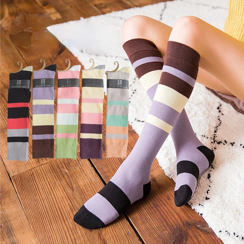 

Retro Color Contrast Gradient Stripes Knee-length Calf Socks Men And Women Individual Fashion Cotton Sports Socking