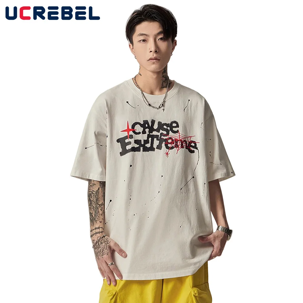 

Splash Ink Print Short Sleeve T-shirt Mens High Street Summer Half-Sleeve Crew Neck Loose Tee Men Cotton Tops