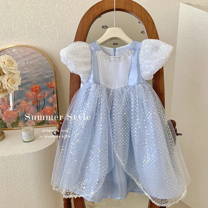 

Платье принцессы для девочек, новинка весны и лета, детское высококачественное синее платье, сетчатая юбка для дня рождения