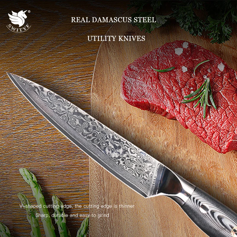 SWITYF 5 Inch Utility Knives Damascus Steel Meat Vegetable Cutting Japan Cleaver Chef Santoku Kitchen Knife Sharp Cooking Tools
SWITYF 5 Inch Utility Knives Damascus Steel Meat Vegetable Cutting Japan Cleaver Chef Santoku Kitchen Knife Sharp Cooking Tools