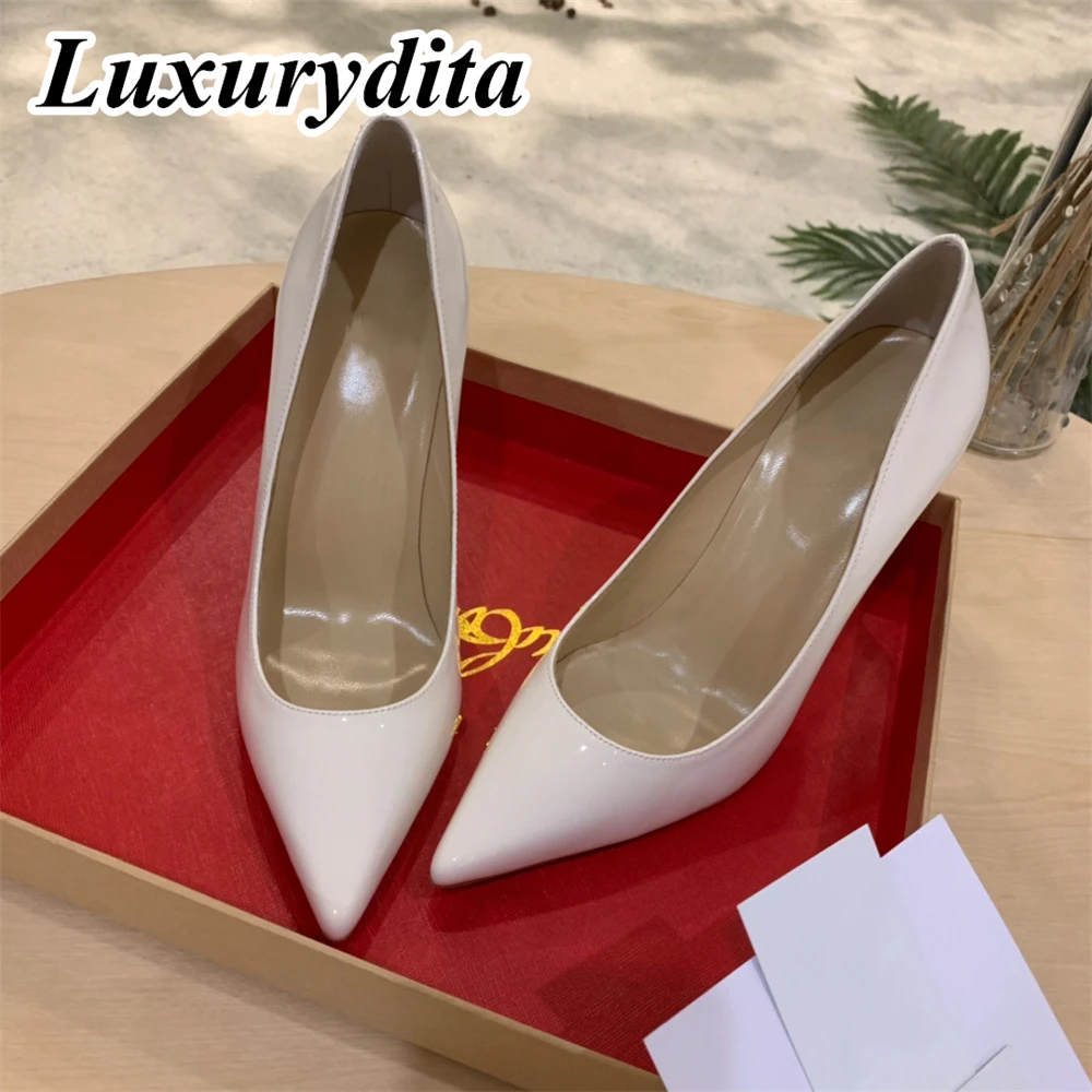 

LUXURYDITA Womens Sandals Luxury 12cm High Heels Designer Customized red heel Patent leather soled Socialite Dinner Shoes H2231