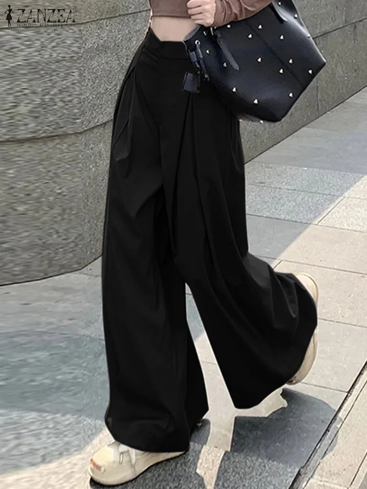 

ZANZEA Korean Fashion Solid Color Pant Casual Street Wide Leg Pants Woman Elegant Bell Bottoms Trousers Vintage Loose Pantalon