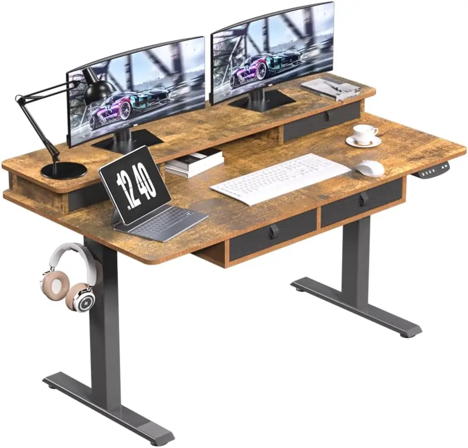 

Electric Standing Desk, 63 * 30 Inches Adjustable Height with 4 Drawers, Double Storage Shelves Stand Up Desk, Home
