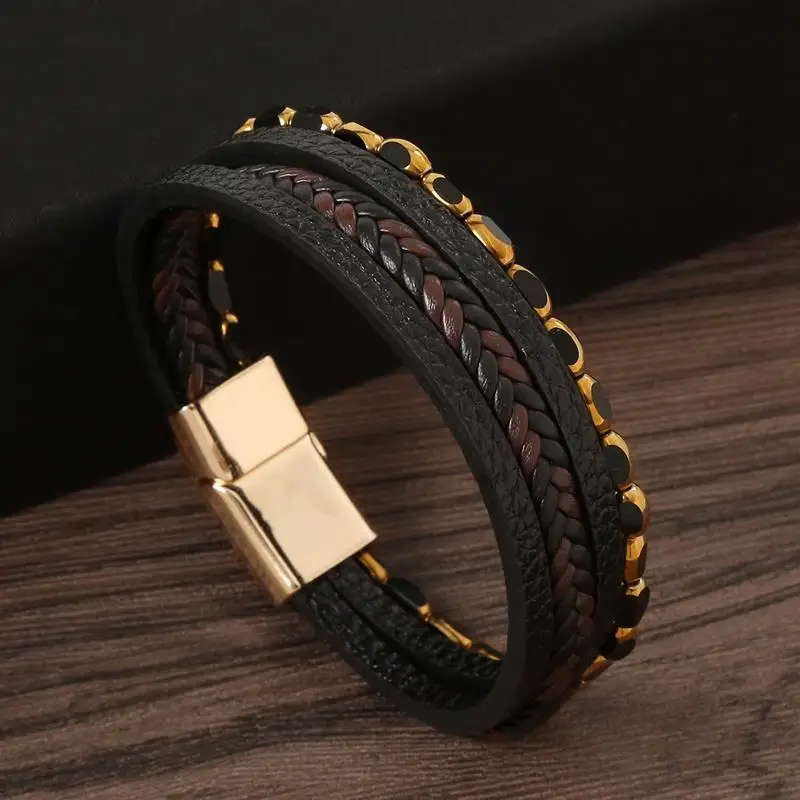 

Мужской браслет с леопардовыми бусинами и застежкой из нержавеющей стали, плетеные многослойные кожаные браслеты в стиле панк-рок, мужские украшения, оптовая продажа