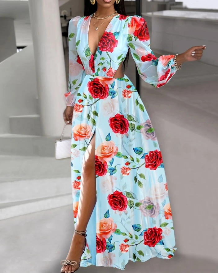 

Fashion Women's Dress Oversized Puff Sleeve Deep V Neck Floral Print Plunge Cutout High Waist Slit Maxi Dress Female Clothing