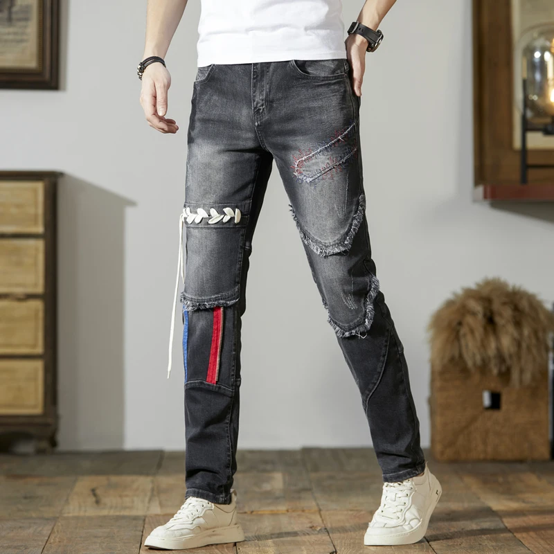 

Men's Stitching Jeans Trendy Retro Washed Black Personalized Handsome Slim-Fitting Stretch Pencil Pants Motorcycle Long Pants