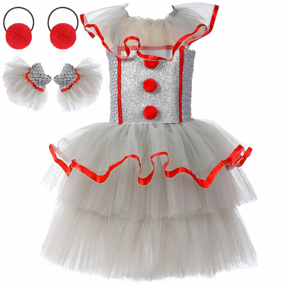 

Creepy Clown Pennywise Cosplay Halloween Costume for Kids Carnival Party Dresses Gray Girls Fancy Horror Joker Tutu Dress Outfit