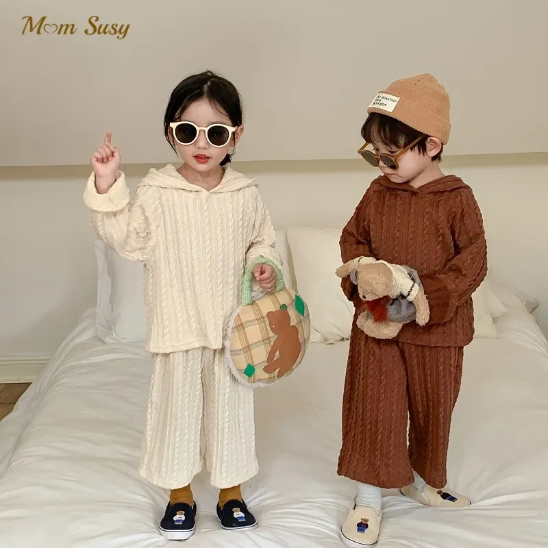 

Fashion Baby Boy Girl Cotton Knitted Clothes Set Twisted Stripe Hoodie+Pant Infant Toddler Child Knitwear Suit Baby Clothes 1-7Y