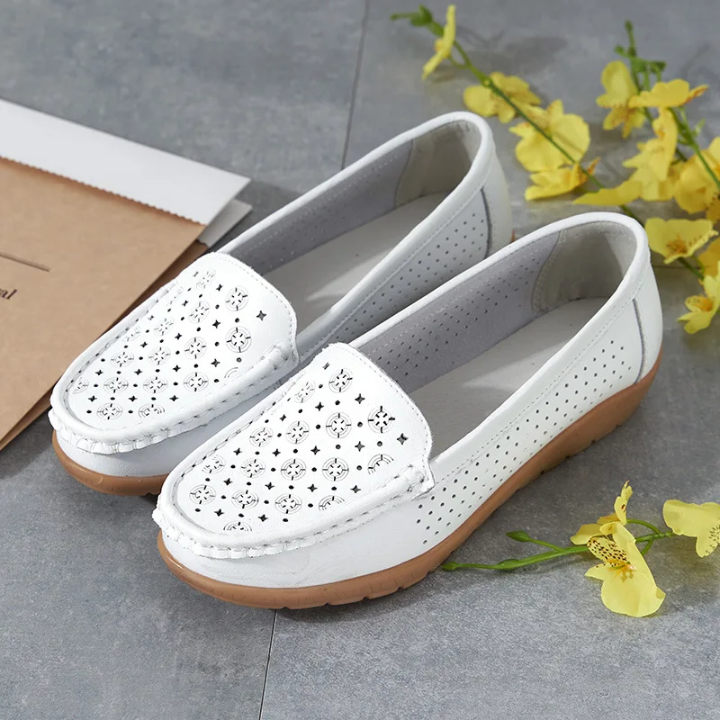 

Dobeyping Fretwork Genuine Leather Women Shoes Cut-Outs Woman Loafers Hollow Women's Beach Flats Breathable Female Summer Shoe