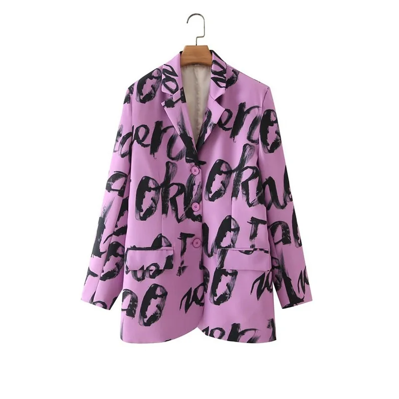 

Весенний женский винтажный пиджак с граффити и надписью, пиджак с английским воротником и длинным рукавом, однобортный Женский блейзер, повседневная мода