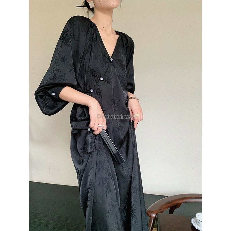 

2024 new chinese retro zen v-neck long sleeve improved cheongsam dress female new loose elegant fashion style long qipao w491