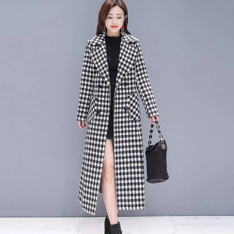 

2024 New Autumn Winter Plaid Woolen Windbreaker Jacket Women Overcoat Long Slim Double-Breasted Fashion Houndstooth Wool Coat