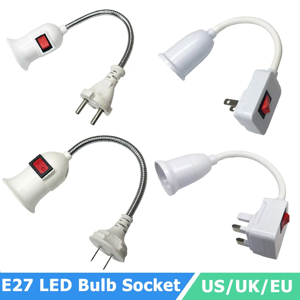 

US/UK/EU Plug E27 Screw Base Bulb Socket 110V 220V LED Bulb Holder Flexible Bend Converter Adapter LED Lamp Base With Switch