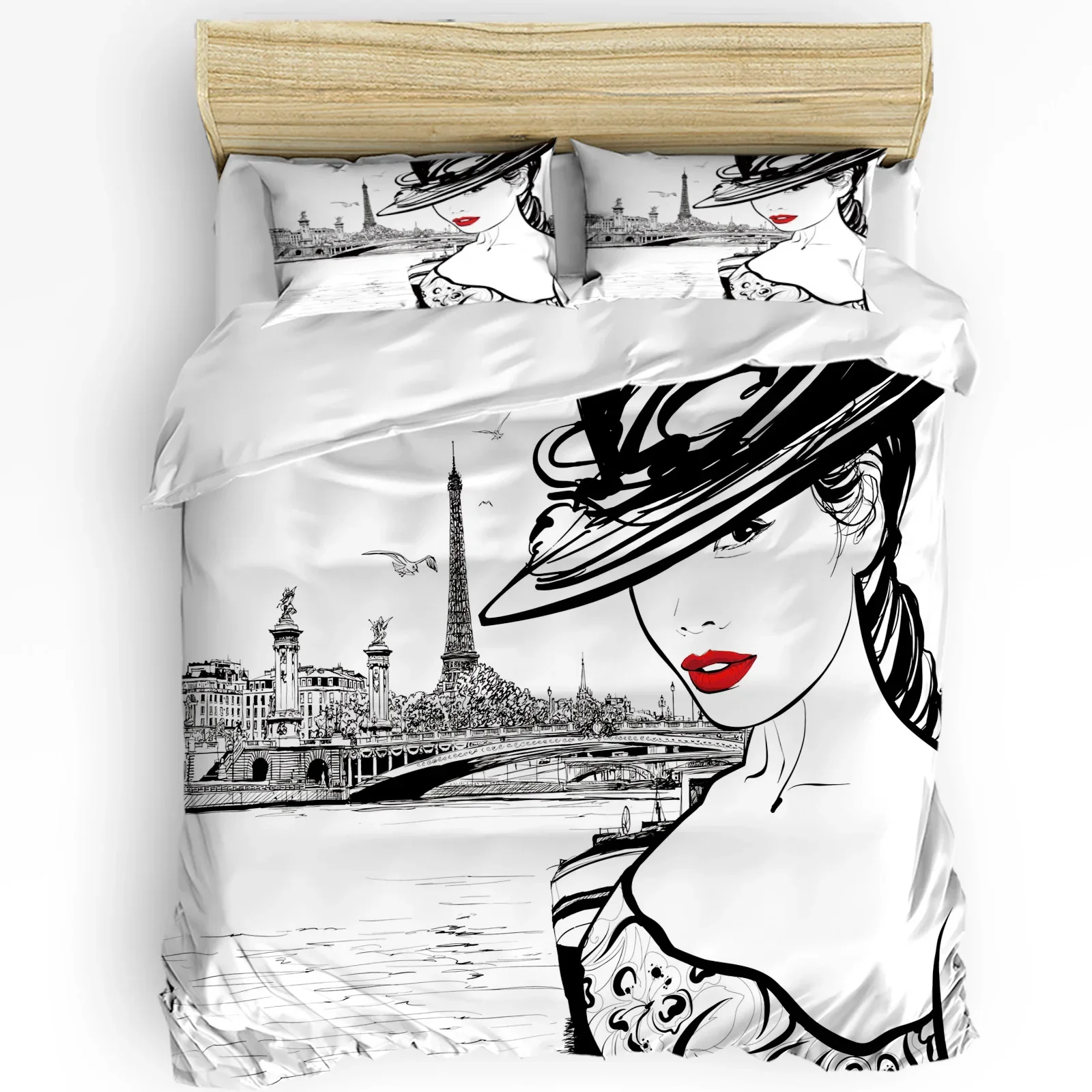 

Paris Seine Woman Eiffel Tower Red Lips Paris 3pcs Bedding Set For Double Bed Home Textile Duvet Cover Quilt Cover Pillowcase