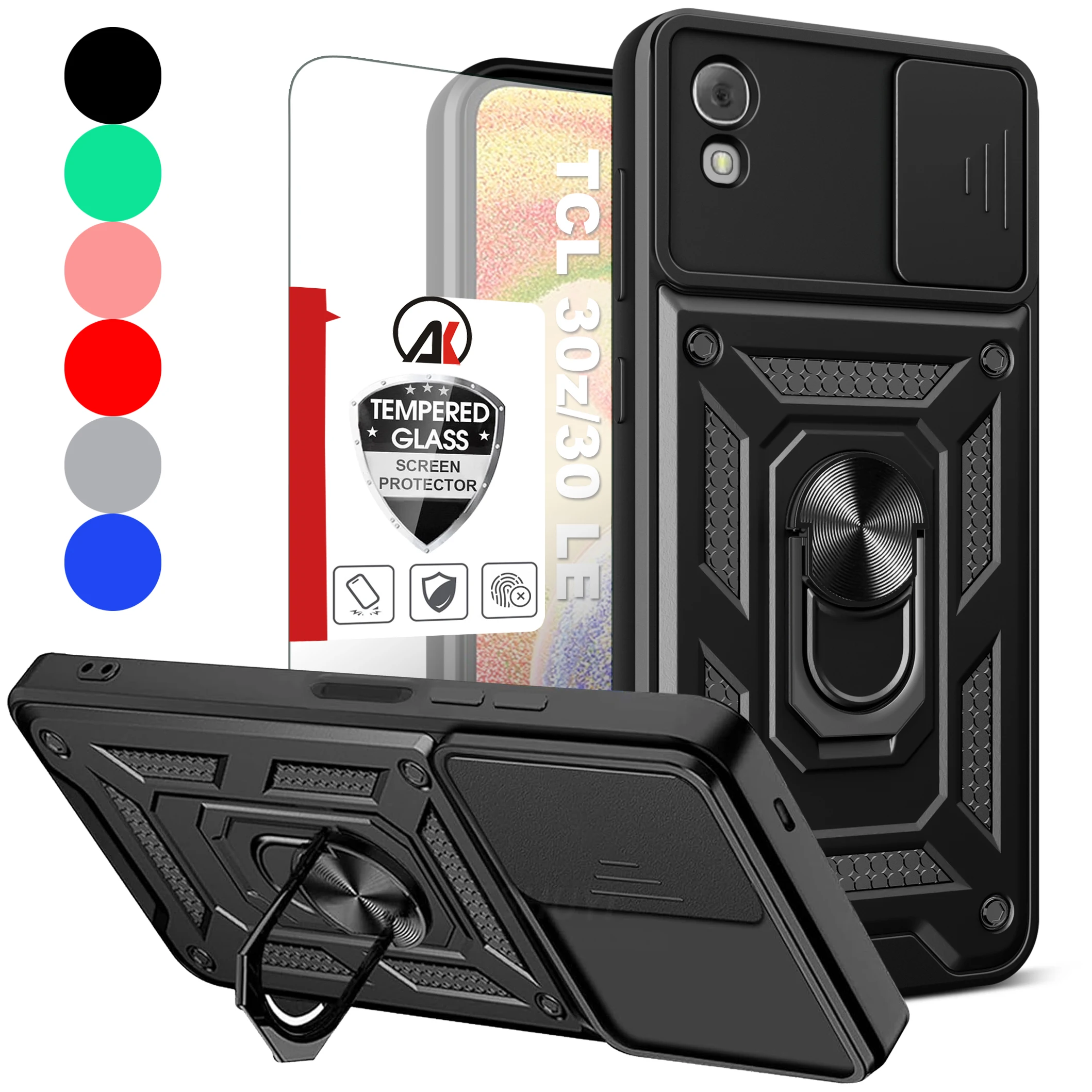 

For TCL 30z 30 LE Case Shockproof Ring Stand Phone Cover Armor Magnetic Kickstand Holder+Tempered Glass Screen Protector