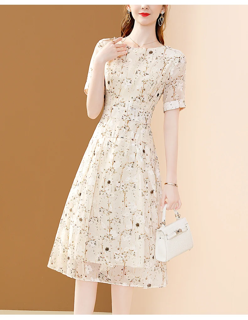 EVNISI Chic Floral Printing Women Chiffon Dress O-Neck Elegant Apricot Office A-LINE Dresses Fairy For Women Slim Party Vestido EVNISI Chic Floral Printing Women Chiffon Dress O-Neck Elegant Apricot Office A-LINE Dresses Fairy For Women Slim Party Vestido