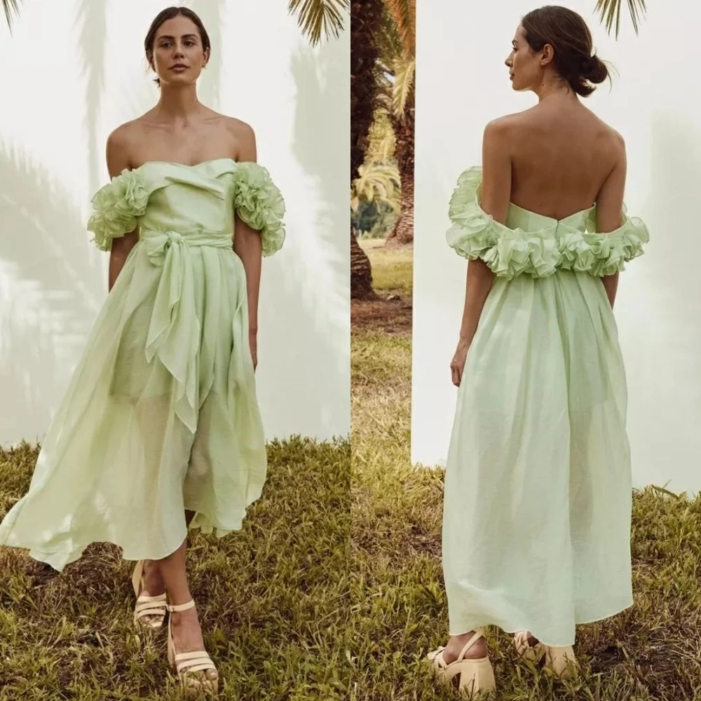 

Jersey Draped Pleat Cocktail Party A-line Off-the-shoulder Bespoke Occasion Gown Midi Dresses