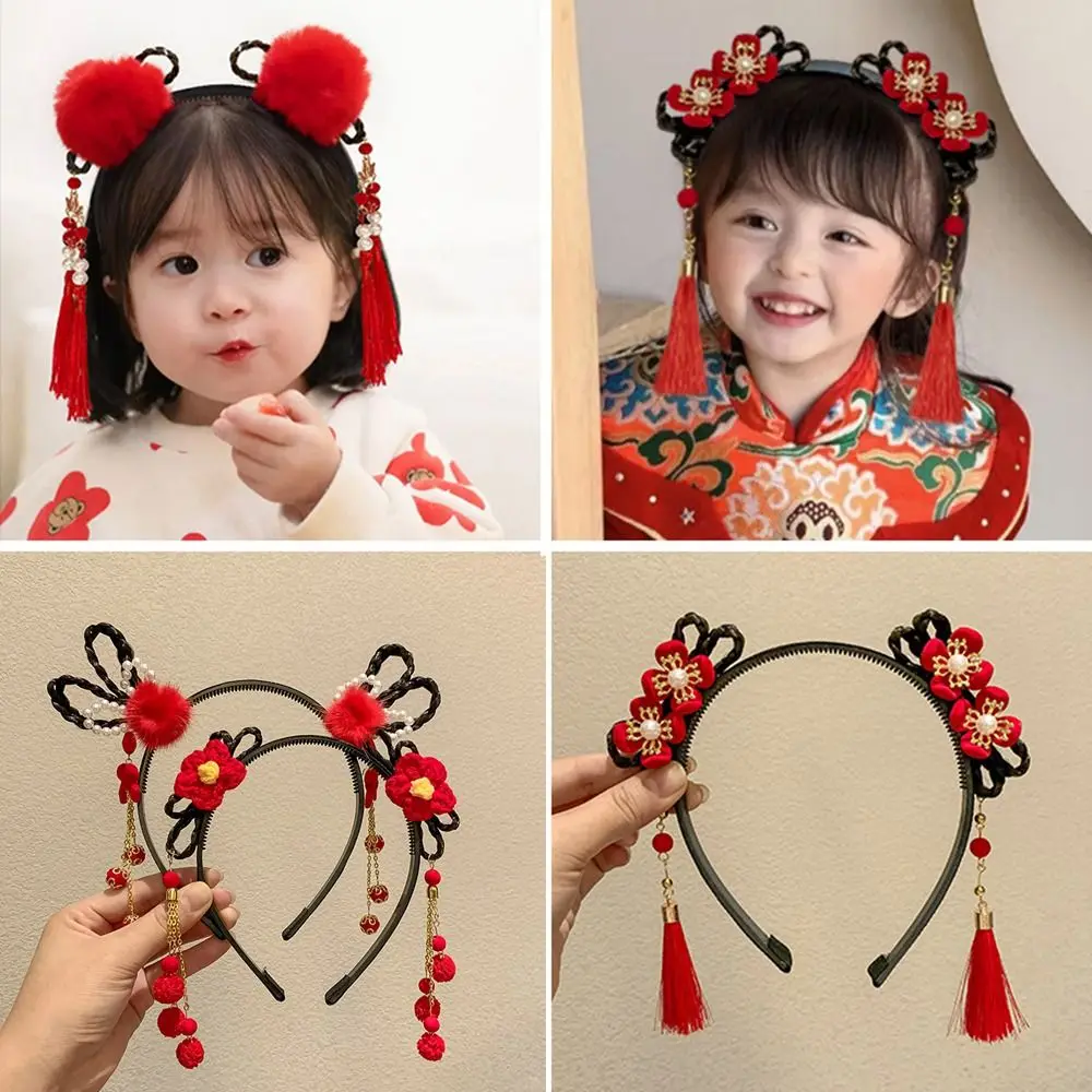 

Детская повязка на голову с кисточками, обруч для волос в костюме тан, обруч для волос с цветком, китайский новогодний головной убор, плюшевые палочки для волос Hanfu для малышей