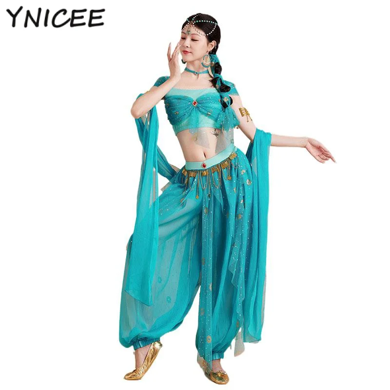 

Женский индийский костюм принцессы для танца живота, костюм для восточных и индийских танцев, костюм для выступлений для взрослых, одежда для выступлений в стиле Болливуд и Жасмин