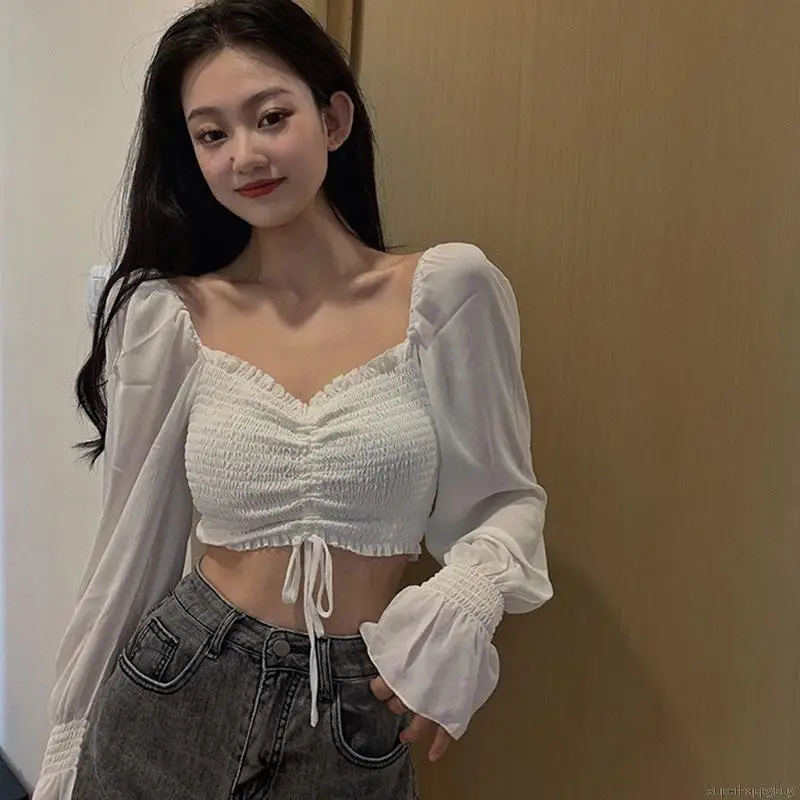 

Women's Fashion Square Collar Sexy Sweet Pleated Soild Puff Sleeve Crop Tops