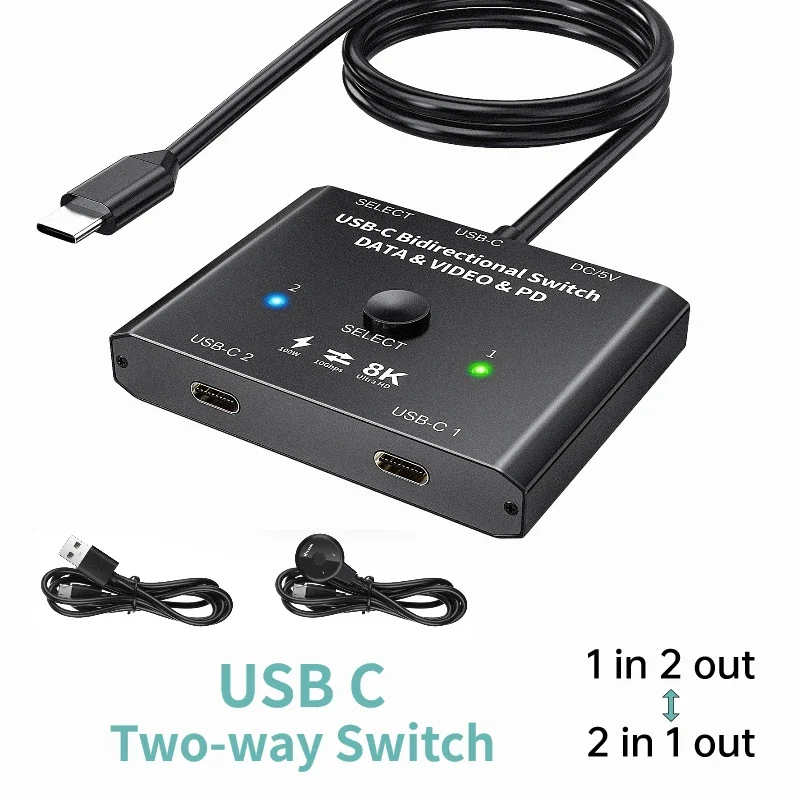 

100W USB Type-C Two-way Switcher Splitter 2x1 1x2 Bi-Direction KVM Data Video For Computer Monitor Mobile Phone Multiple Source