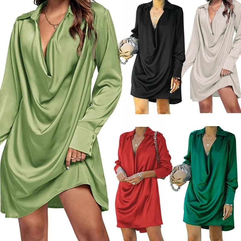 

Satins Dress for Womens Collar V Neck Drape Ruched Front Long Sleeve Going Out Mini Dresses Loungewear Sexy Short Dress