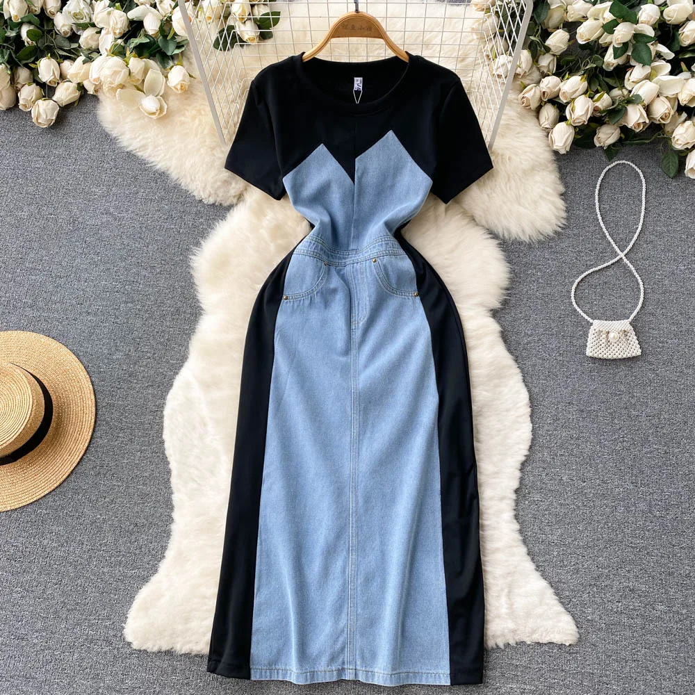 Women's Spring Summer Short Sleeve Contrast Color Denim Dress Female High Waist Chic Party A-line Dress TB285 
Women's Spring Summer Short Sleeve Contrast Color Denim Dress Female High Waist Chic Party A-line Dress TB285