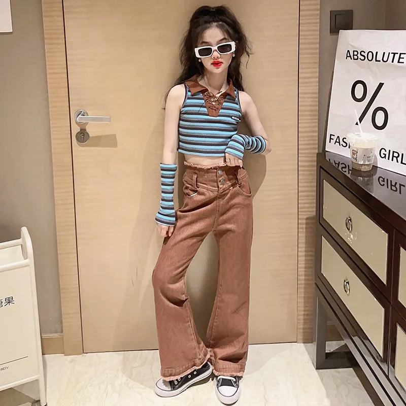 

Young Children Costumes 2023 Autumn Striped T-shirt Flared Jeans Girls Clothes Set Fashion Casual Teen Kids Outfits 13 14 Years