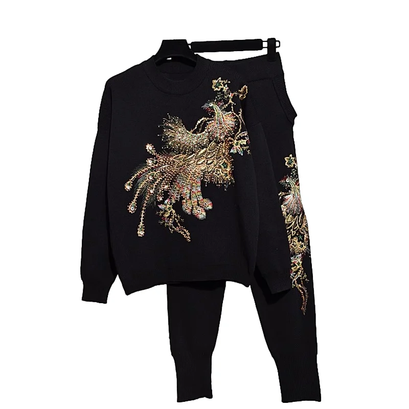 

Beading Phoenix Embroidery Knitted Tracksuits Women Black Outfits 2pc Loose Long Sleeve Pullover Sweater Pencil Pants Set Female