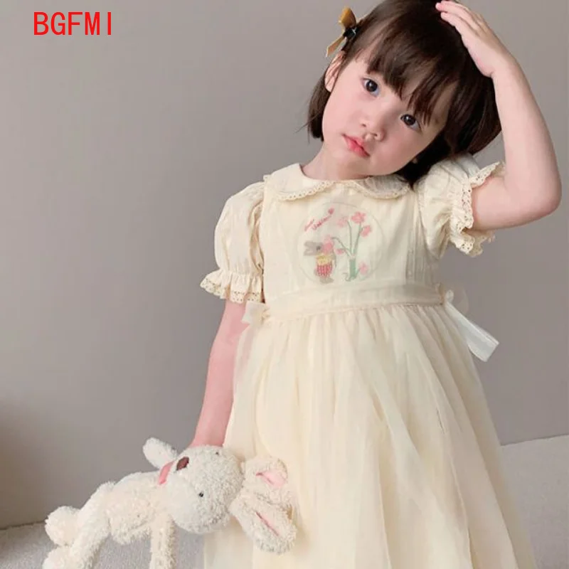 

1-10Y New Baby Kid Girl Spring Summer Cream Color Kids infant Dresses Children Doll Collar Embroidered Yarn Dress Girls Clothes