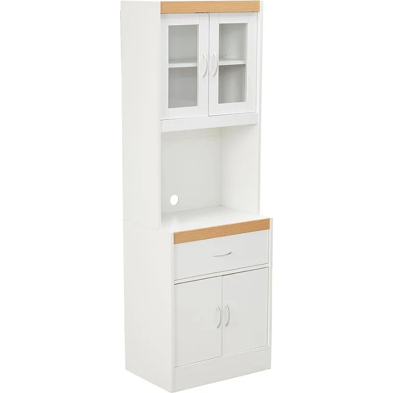 

Hodedah Long Standing Kitchen Cabinet with Top & Bottom Enclosed Cabinet Space, One Drawer, Large Open Space for Microwave,White