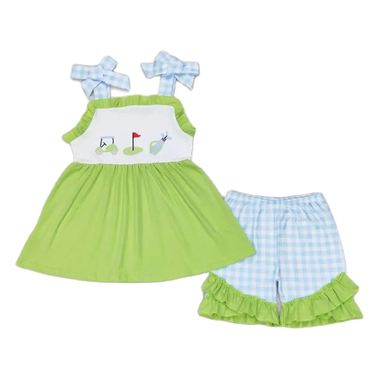 GSSO0719 Kids Girls Summer Outfit Sets Suspenders Top Golf Cart Blue Plaid Lace Print With Shorts Children Clothes
GSSO0719 Kids Girls Summer Outfit Sets Suspenders Top Golf Cart Blue Plaid Lace Print With Shorts Children Clothes