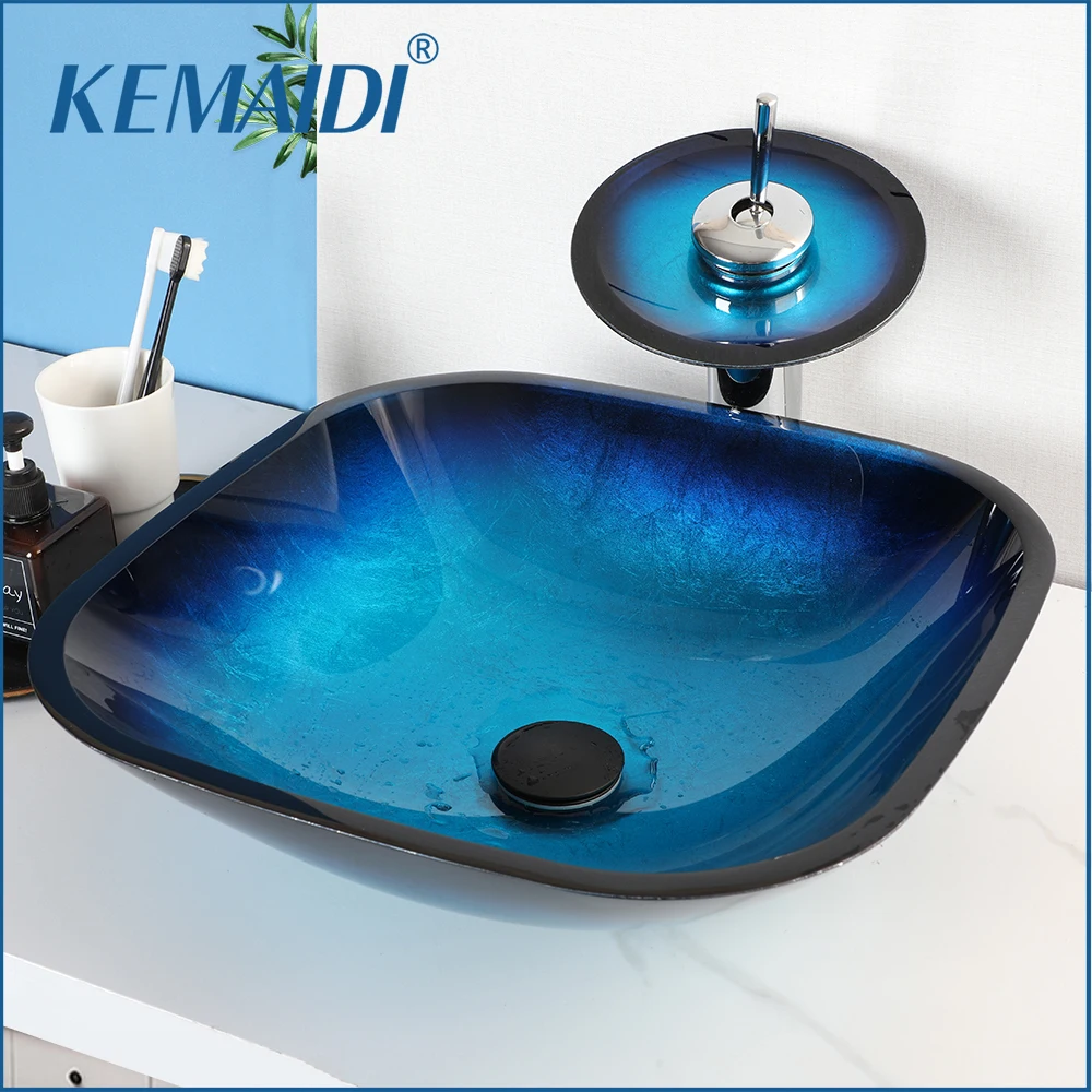 

KEMAIDI Artistic Tempered Glass Vessel Sink Basin Washing Bowl Set Cabinet Countertop Sink with Waterfall Faucet Pop-up Drain