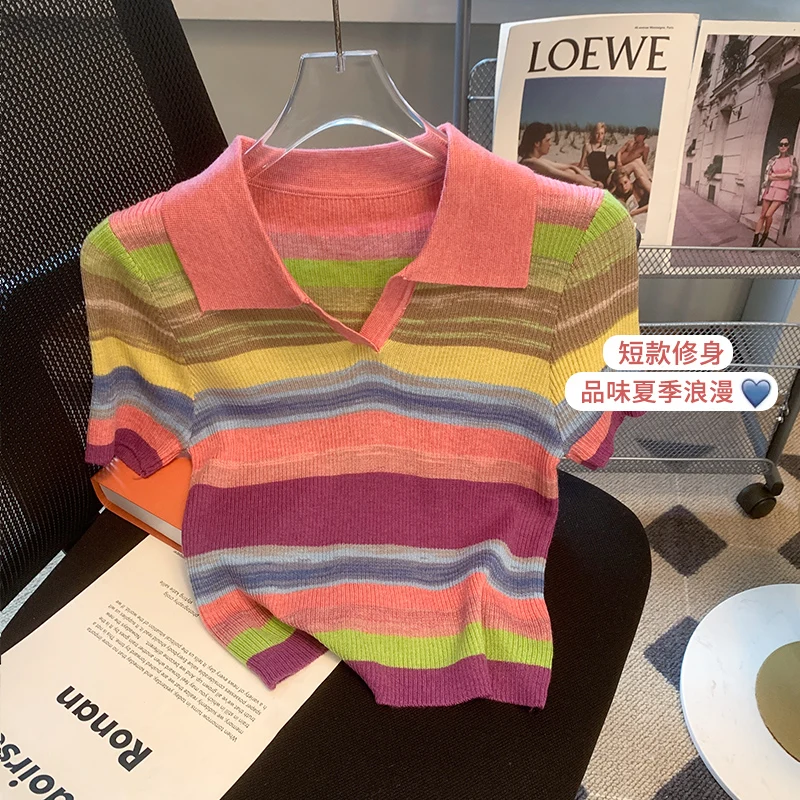 New Women Casual Short Sleeve Rainbow Stripe Knit T-Shirts Summer Turn-down Collar Slim Fit Tees Shirts Female Streetwear Tops
New Women Casual Short Sleeve Rainbow Stripe Knit T-Shirts Summer Turn-down Collar Slim Fit Tees Shirts Female Streetwear Tops